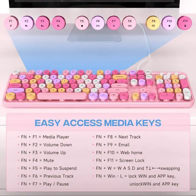 Alt view image 5 of 5 - MOWUX Computer Keyboard Wired, Plug and Play USB Retro Round Typewriter Keyboard, Full Size Wired Keyboard with Foldable Stands for Laptop and Office PC- Pink Colorful
