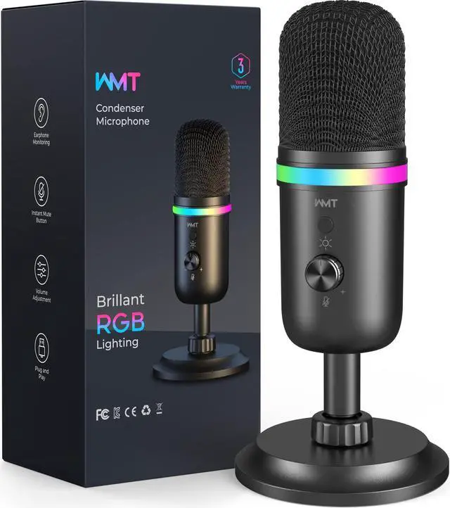 Main image of WMT USB Microphone - Condenser Gaming Microphone for PC/MAC/PS4/PS5/Phone- Cardioid Mic with Brilliant RGB Lighting Headphone Output Volume Control, Mute Button, for Streaming Podcast YouTube Discord