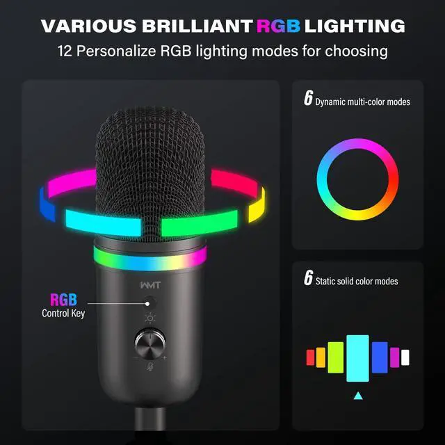Alt view image 2 of 5 - WMT USB Microphone - Condenser Gaming Microphone for PC/MAC/PS4/PS5/Phone- Cardioid Mic with Brilliant RGB Lighting Headphone Output Volume Control, Mute Button, for Streaming Podcast YouTube Discord