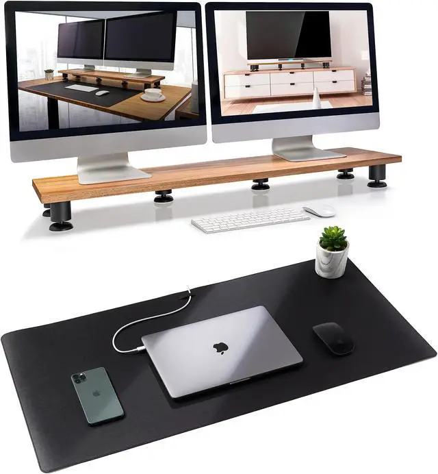 Main image of Dual Monitor Riser and Black Leather Desk Mat Bundle - Premium Handmade Hardwood Acacia - Large Leather Desk Pad Protector Blotter