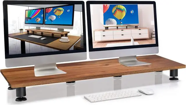 Alt view image 2 of 5 - Dual Monitor Riser and Black Leather Desk Mat Bundle - Premium Handmade Hardwood Acacia - Large Leather Desk Pad Protector Blotter