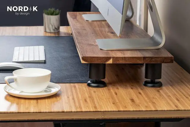 Alt view image 5 of 5 - Dual Monitor Riser and Black Leather Desk Mat Bundle - Premium Handmade Hardwood Acacia - Large Leather Desk Pad Protector Blotter