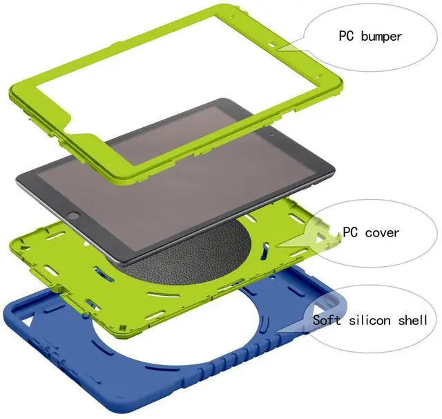 Alt view image 3 of 5 - XZC iPad 9th/ 8th/ 7th Generation Case (iPad 10.2 Case 2021/2020/2019) Heavy Duty Shockproof Rugged Cover with Rotating Stand/Pencil Holder/Carrying Shoulder Strap (Blue and Green)