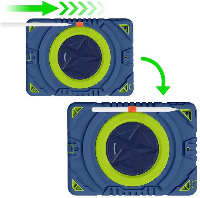 Alt view image 4 of 5 - XZC iPad 9th/ 8th/ 7th Generation Case (iPad 10.2 Case 2021/2020/2019) Heavy Duty Shockproof Rugged Cover with Rotating Stand/Pencil Holder/Carrying Shoulder Strap (Blue and Green)