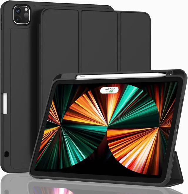 Main image of ZryXal New iPad Pro 12.9 Inch Case 2022/2021/2020(6th/5th/4th Gen) with Pencil Holder,Smart iPad Case [Support Touch ID and Auto Wake/Sleep] with Auto 2nd Gen Pencil Charging (Black)