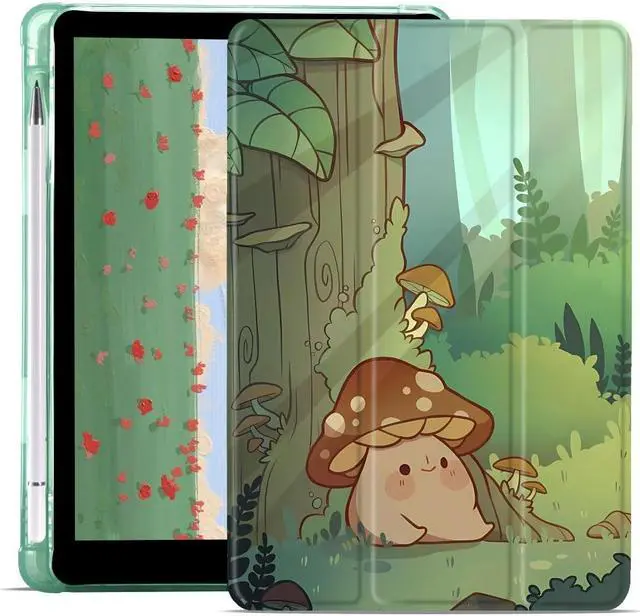 Main image of JOYLAND Cute Mushroom Pad Case Compatible with iPad 5th/6th Generation 9.7 Inch for iPad 2017/2018 Case with Pencil Holder, Auto Wake/Sleep Protective Case, Clear TPU Back Trifold Stand Smart Cover