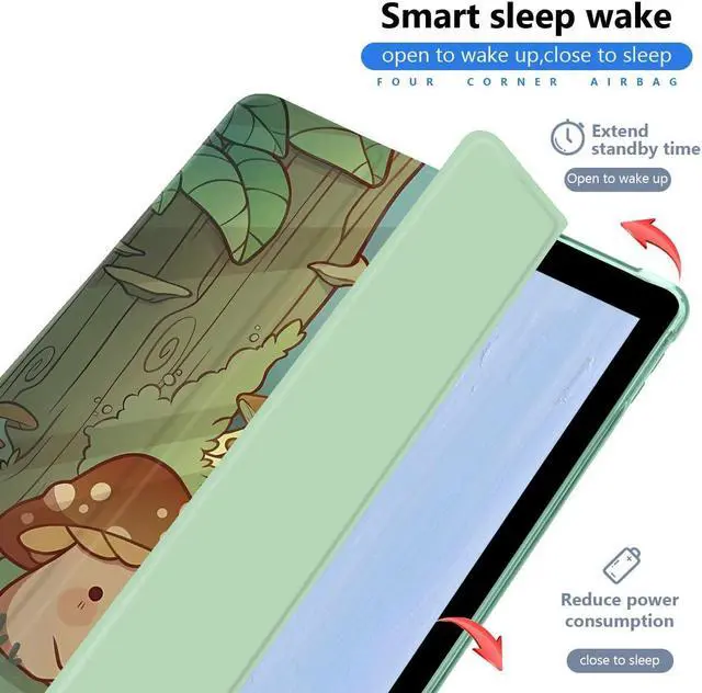 Alt view image 2 of 5 - JOYLAND Cute Mushroom Pad Case Compatible with iPad 5th/6th Generation 9.7 Inch for iPad 2017/2018 Case with Pencil Holder, Auto Wake/Sleep Protective Case, Clear TPU Back Trifold Stand Smart Cover