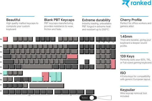 Alt view image 2 of 5 - Ranked Blank Premium Keycap Set | 1.4 mm Thick PBT | Cherry Profile for Mechanical Keyboard (Dolch, 139 Keys)