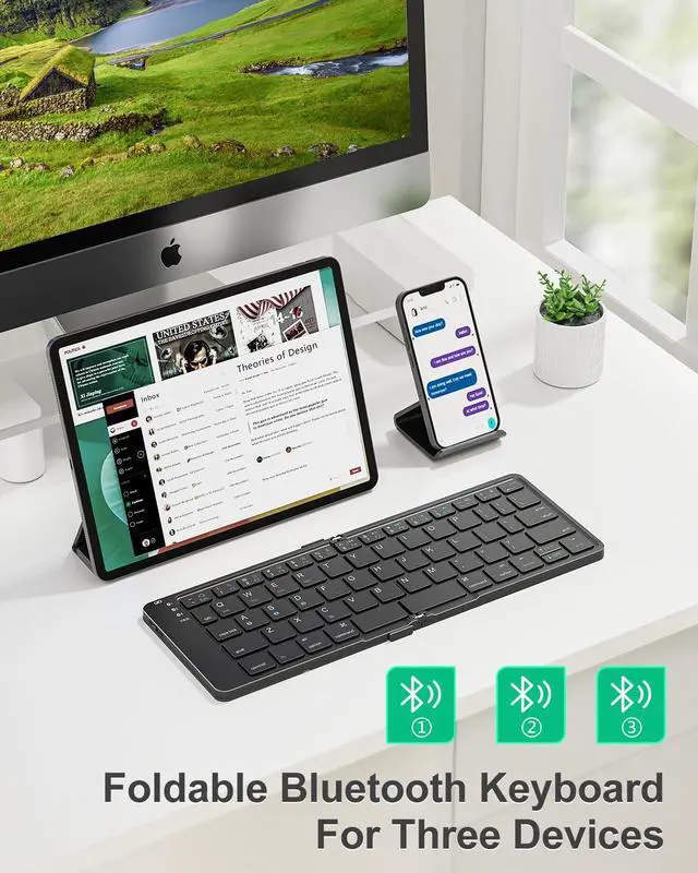 Alt view image 2 of 5 - Rovinda Foldable Bluetooth Keyboard, Portable Wireless Folding Keyboard (BT5.1 x 3), Pocket-Sized & Ultra-Slim, USB-C Rechargeable for iOS, Android, Windows Mac OS Laptop Tablet Smartphone, Green