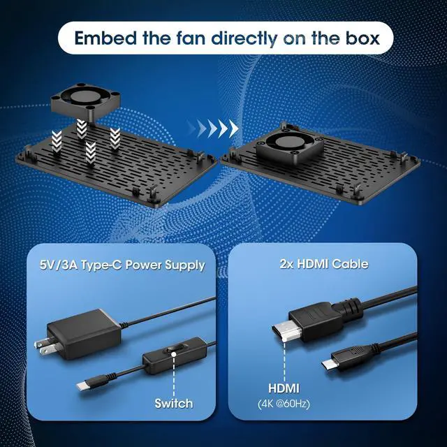 Alt view image 4 of 5 - RasTech Raspberry Pi 4 4GB Starter Kit with Pi 4 4GB Board, 32GB Card 4 Copper Heatsink 2 HD Out Cable 5V 3A Power Supply with ON/Off Case Cooling Fan Card Reader Screwdriver