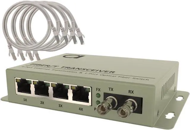 Main image of 4 Port RJ-45 Gigabit Ethernet to Multimode ST 850nm Fiber Media Converter | Mini Switch - Built-in Fiber Module 550m (0.34 Miles) to UTP Cat5e Cat6 4 x 10 100 1000 RJ-45 AutoSensing Ports
