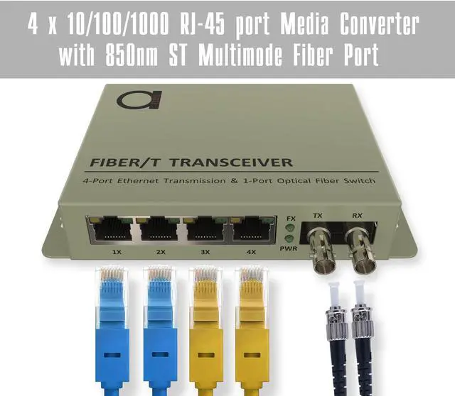 Alt view image 4 of 5 - 4 Port RJ-45 Gigabit Ethernet to Multimode ST 850nm Fiber Media Converter | Mini Switch - Built-in Fiber Module 550m (0.34 Miles) to UTP Cat5e Cat6 4 x 10 100 1000 RJ-45 AutoSensing Ports