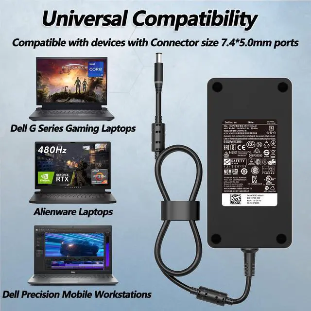 Alt view image 5 of 5 - Original 240W Gaming Laptop Charger for Alienware 15 17 M15 M16 M17 M18X X51 R2 R3 R4 R5 R7 G3 G5 G7 15 5530 5535 5520 Precision M6800 M6700 M6400 J211H AC Adapter Power Supply Cord (240Watt 7.4)