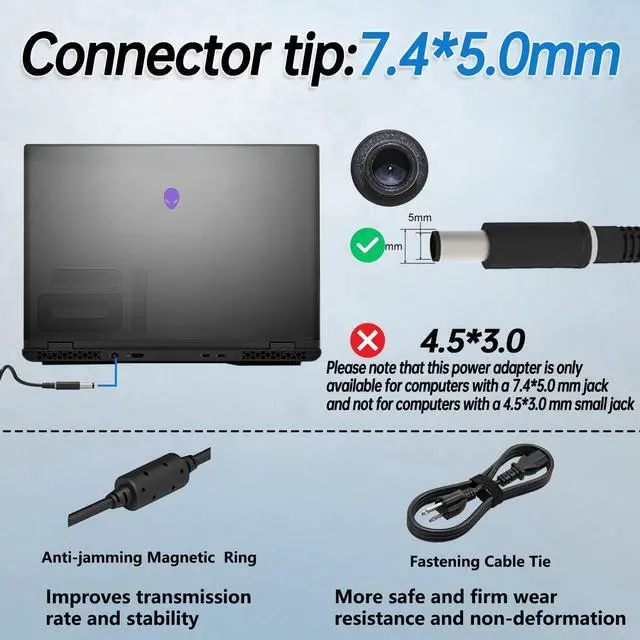 Alt view image 4 of 5 - Original 240W Gaming Laptop Charger for Alienware 15 17 M15 M16 M17 M18X X51 R2 R3 R4 R5 R7 G3 G5 G7 15 5530 5535 5520 Precision M6800 M6700 M6400 J211H AC Adapter Power Supply Cord (240Watt 7.4)