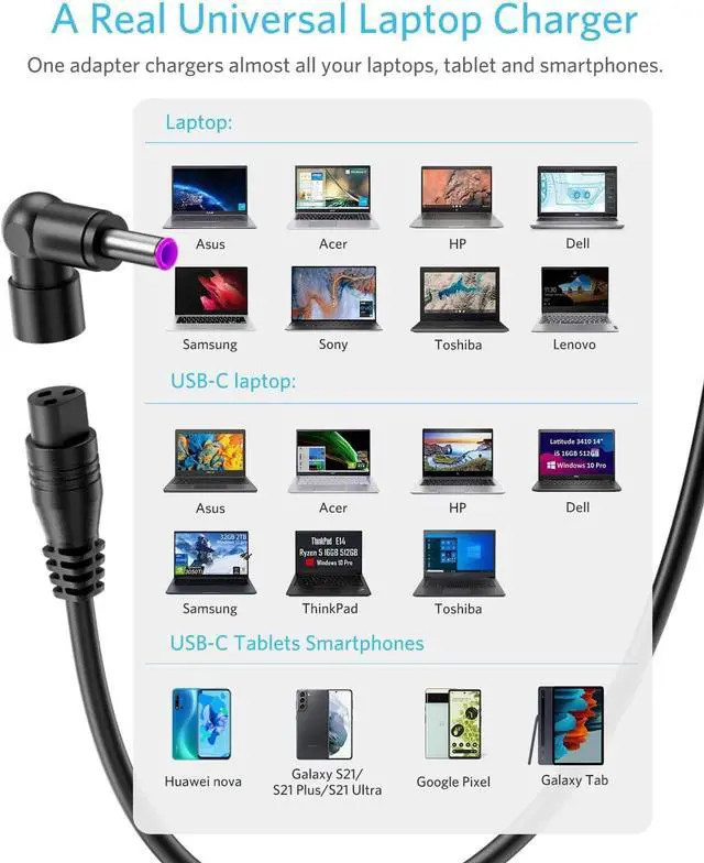 Alt view image 3 of 5 - Belker Universal Laptop Charger 90W AC Adapter Replacement for HP Dell Asus Lenovo Samsung Acer Google MacBook Pro Air Charger 90w 65w 45w USB Type C Chromebook Charger Power Adapter
