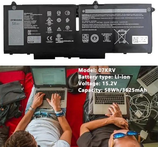 Alt view image 2 of 5 - 4-Cell 07KRV 58Wh Laptop Battery Replacement for Dell Latitude 5530 5430 Precision 3570 P137P P104F Y86WG 104F005 P104F006 M69D0 P137G004 P137G005 P137G006 H4PVC 078FWY 4FVJG O7KRV 15.2V 3625mAh