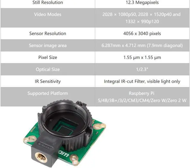 Alt view image 5 of 5 - Arducam for Raspberry Pi HQ Camera Module,12.3MP IMX477 Raspberry Pi Camera for Raspberry Pi5/4B/3B+/Zero 2W, Comes with C-CS Adapter and Tripod Mount