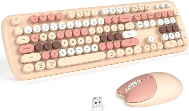 Main image of Atelus Wireless Keyboard and Mouse, Full Size Typewriter Keyboard and Cute Cat Shape Design Mouse Combo for Windows 7/8/10, Laptop, Desktop, PC, Computer (Milk Tea)