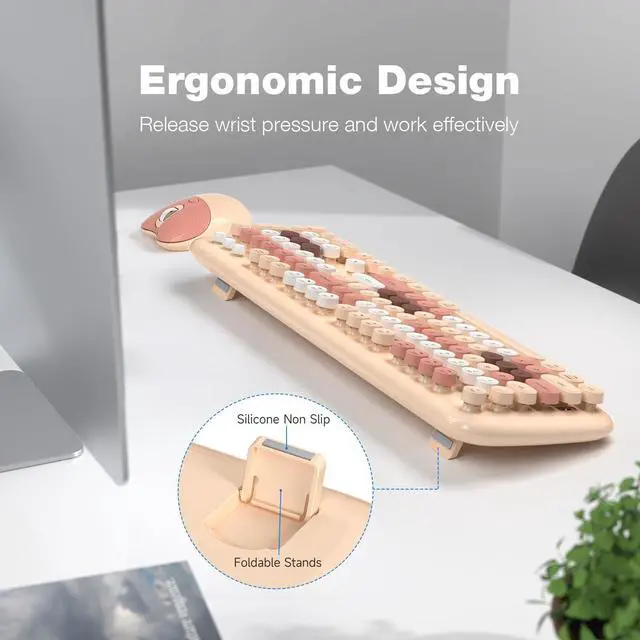 Alt view image 4 of 5 - Atelus Wireless Keyboard and Mouse, Full Size Typewriter Keyboard and Cute Cat Shape Design Mouse Combo for Windows 7/8/10, Laptop, Desktop, PC, Computer (Milk Tea)