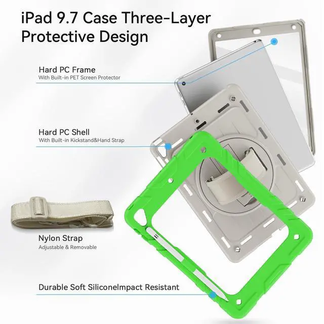 Alt view image 4 of 5 - Stweap Case for iPad 6th/5th Generation 9.7'' with Screen Protector Pencil Holder [360 Rotating Hand Strap] &Stand, Drop-Proof Case for iPad 6th/5th/ Air 2/ Pro 9.7 (FruitGreen&Beige)