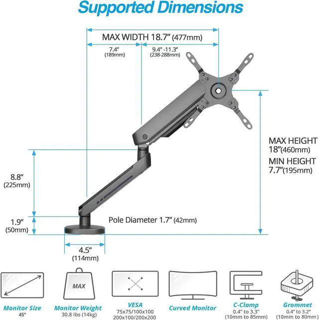 Alt view image 4 of 5 - AVLT Single 27-45 RGB Gaming Monitor Arm Desk Mount Built-in 20 Lighting Modes Touch Button Control Fits Flat/Curved/Ultrawide Screens Height Swivel Tilt Rotation Adjustable Stand -Dark Gray
