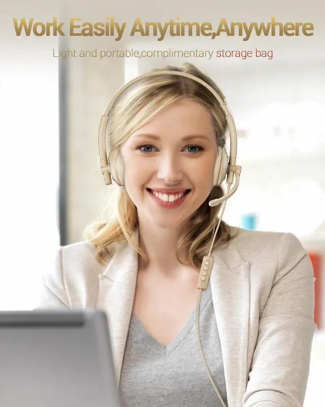 Alt view image 3 of 5 - awatrue USB Headset with Microphone for PC Laptop - Headphones with Noise Cancelling Microphone for Computer,On-Ear Wired Office Call Center Headset for Boom Skype Webinars,Lightweight-Apricot