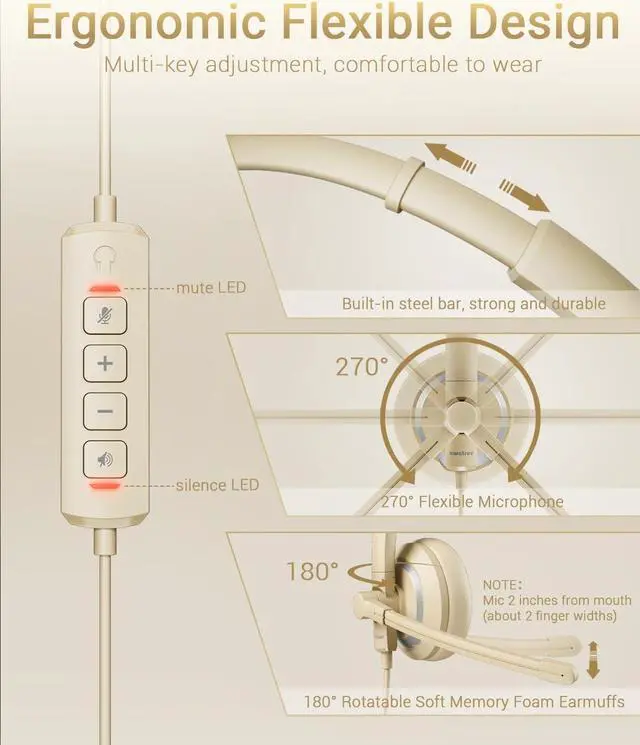 Alt view image 4 of 5 - awatrue USB Headset with Microphone for PC Laptop - Headphones with Noise Cancelling Microphone for Computer,On-Ear Wired Office Call Center Headset for Boom Skype Webinars,Lightweight-Apricot