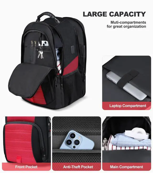Alt view image 5 of 5 - tazbuzo 50L Extra Large Backpack,Laptop Backpack, Travel Backpack for Men, Big Backpack, Water Resistant School Approved Business Work Computer Heavy Duty Bag with USB Port, Fits 17 Inch Laptop, Red