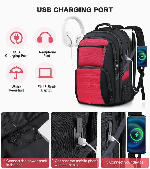 Alt view image 2 of 5 - tazbuzo 50L Extra Large Backpack,Laptop Backpack, Travel Backpack for Men, Big Backpack, Water Resistant School Approved Business Work Computer Heavy Duty Bag with USB Port, Fits 17 Inch Laptop, Red
