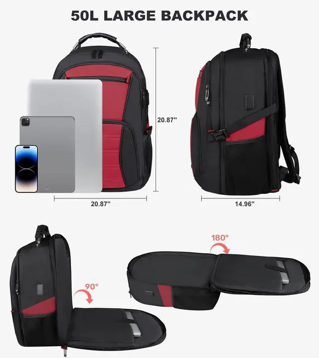 Alt view image 4 of 5 - tazbuzo 50L Extra Large Backpack,Laptop Backpack, Travel Backpack for Men, Big Backpack, Water Resistant School Approved Business Work Computer Heavy Duty Bag with USB Port, Fits 17 Inch Laptop, Red