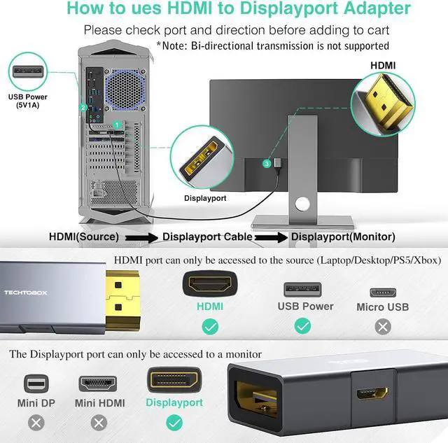 Alt view image 4 of 5 - TECHTOBOX HDMI to DisplayPort Adapter 4K@60Hz [2 Pack] Active HDMI Male to DP Female Converter Not Bidirectional HDMI to Display Port for PC,Graphics Card, Laptop, Mac, PS5, 2.36