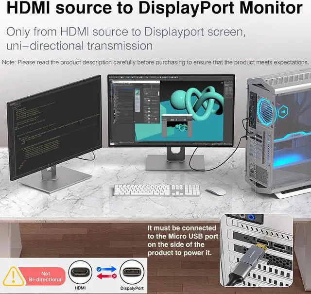 Alt view image 3 of 5 - TECHTOBOX HDMI to DisplayPort Adapter 4K@60Hz [2 Pack] Active HDMI Male to DP Female Converter Not Bidirectional HDMI to Display Port for PC,Graphics Card, Laptop, Mac, PS5, 2.36