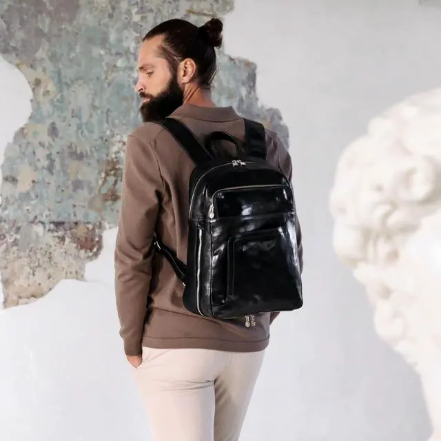 Alt view image 2 of 5 - Time Resistance Leather Business Backpack - Laptop and A4 Portfolio Bag - Travel Bag Rucksack (Black)