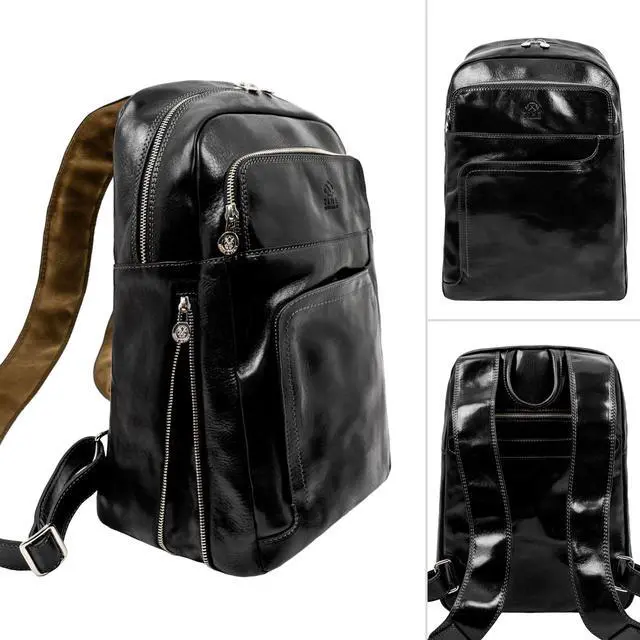 Alt view image 3 of 5 - Time Resistance Leather Business Backpack - Laptop and A4 Portfolio Bag - Travel Bag Rucksack (Black)