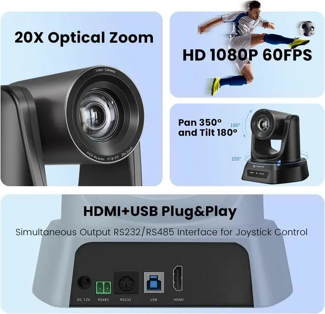 Alt view image 3 of 5 - TONGVEO Conference Room PTZ Camera System with 20X Optical Zoom | 1080P 60fps HDMI USB Webcam for Church Streaming Online Video Conference| Compatible with Zoom, OBS | Easy Setup
