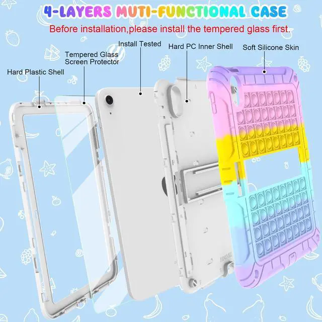 Alt view image 3 of 5 - TSQQST for iPad 10th Generation Case for Autism 10.9" 2022 with Glass Screen Protector | Cute Boys Girls Kids Case with Stand Pencil Holder Shoulder Strap | Push Pop Bubbles for Stress Relief