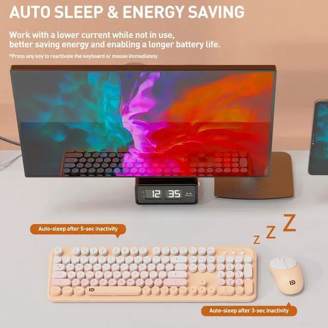 Alt view image 4 of 5 - Wireless Keyboard and Mouse Combo, 105 Round Keys Full-Size Cute Colorful Pink Cordless Keyboard and Mouse with Retro Typewriter for PC/Mac/Laptop/Tablet/Computer/Windows Pink