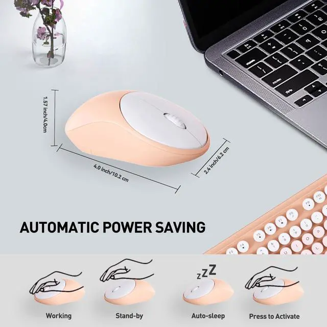 Alt view image 5 of 5 - Wireless Keyboard and Mouse Combo, 105 Round Keys Full-Size Cute Colorful Pink Cordless Keyboard and Mouse with Retro Typewriter for PC/Mac/Laptop/Tablet/Computer/Windows Pink