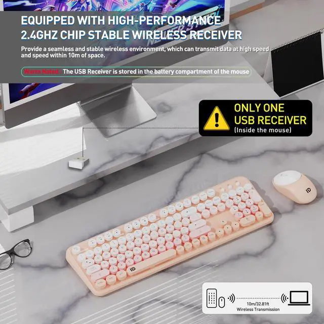 Alt view image 2 of 5 - Wireless Keyboard and Mouse Combo, 105 Round Keys Full-Size Cute Colorful Pink Cordless Keyboard and Mouse with Retro Typewriter for PC/Mac/Laptop/Tablet/Computer/Windows Pink
