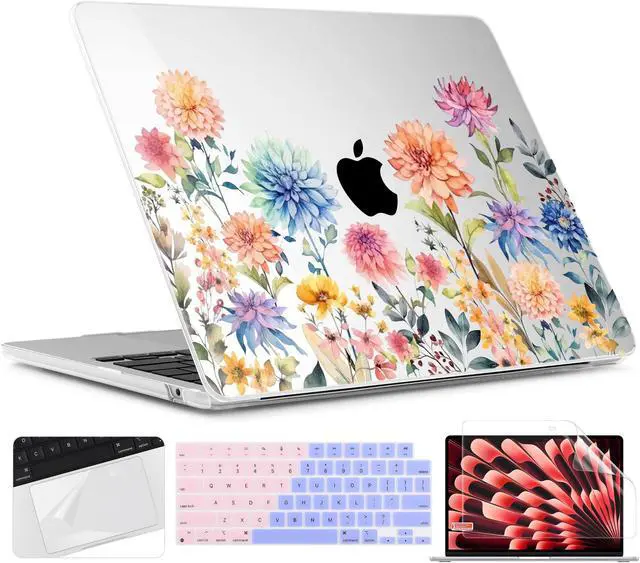 Main image of TWOLSKOO for MacBook Air 15 inch Case 2025 2024 2023 Release M4 A3241 M3 A3114 M2 A2941, Plastic Hard Shell & Screen Protector & Keyboard Cover & Trackpad Film, Beautiful Flowers