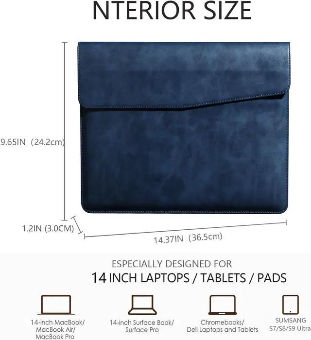 Alt view image 2 of 5 - CPNVWA Leather Laptop Sleeve for MacBook Pro 14 Inch M3 M2 Pro/Max 2023 & M1 Case,Slim and Durable Waterproof Protective Bag for 14 Inch Notebook Computer Cover,Blue