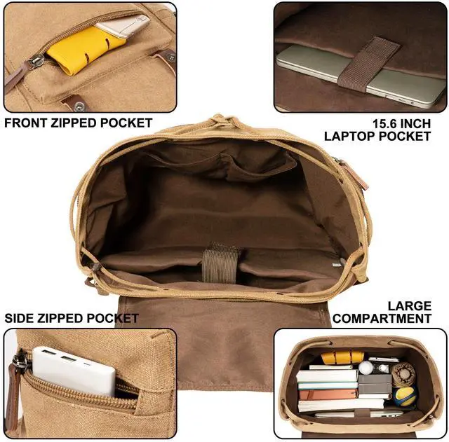 Alt view image 2 of 5 - VAZUOOL Canvas Laptop Backpack, Vintage Daypack for Men Women, Travel Rucksack Knapsack Work College Computer Bag Bookbag Fits 15.6 Inch Laptop, Brown