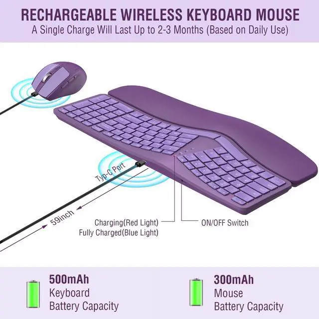 Alt view image 4 of 5 - MK960 Ergonomic Wireless Keyboard Mouse Combo, Bluetooth/2.4G Split Design Keyboard with Palm Rest and 4 Level DPI Adjustable Wireless Mouse Multi-Device, Rechargeable, for Windows/Mac/Android(Purple)