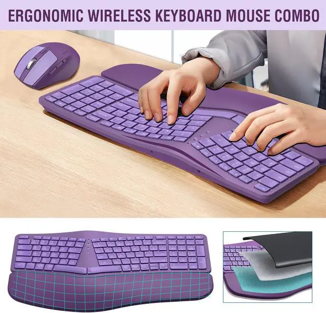 Alt view image 2 of 5 - MK960 Ergonomic Wireless Keyboard Mouse Combo, Bluetooth/2.4G Split Design Keyboard with Palm Rest and 4 Level DPI Adjustable Wireless Mouse Multi-Device, Rechargeable, for Windows/Mac/Android(Purple)