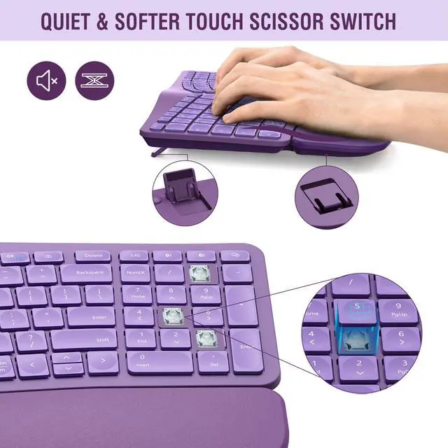 Alt view image 5 of 5 - MK960 Ergonomic Wireless Keyboard Mouse Combo, Bluetooth/2.4G Split Design Keyboard with Palm Rest and 4 Level DPI Adjustable Wireless Mouse Multi-Device, Rechargeable, for Windows/Mac/Android(Purple)