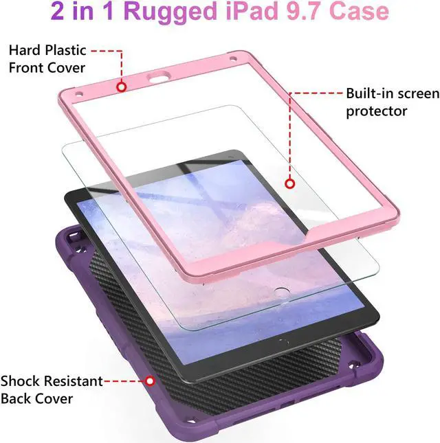 Alt view image 2 of 5 - VOFUOE for iPad 6th/5th Generation Case with Screen Protector for iPad 9.7 Case 2018 2017 Butterfly Stand Strap Dolls Pencil Holder Kids Girls Hard Cover for iPad Pro for iPad Air 2th 9.7''-Purple