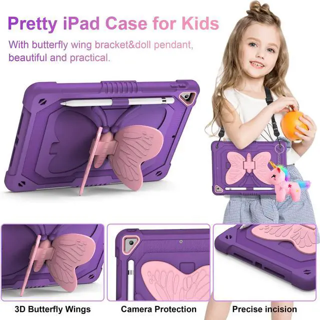 Alt view image 4 of 5 - VOFUOE for iPad 6th/5th Generation Case with Screen Protector for iPad 9.7 Case 2018 2017 Butterfly Stand Strap Dolls Pencil Holder Kids Girls Hard Cover for iPad Pro for iPad Air 2th 9.7''-Purple