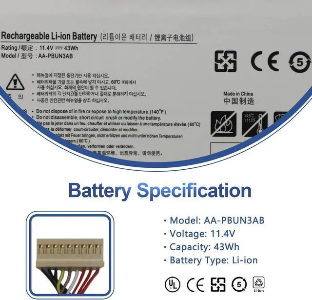 Alt view image 2 of 5 - AA-PBUN3AB AA-PBUN3QB Tablet Battery for Samsung Notebook 5 NP300E5K NP530E5M NP550XTA NP730QAA NP740U3L NP740U5L NP740U3M NP740U5M NP800G5M 300E5K 300E4M 500R5M 550XAA 8500GM 810G5M Series 11.4V 43Wh