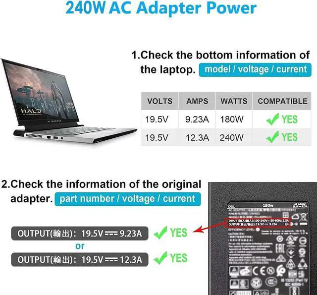 Alt view image 4 of 5 - Ruilezyo 240W Laptop Charger Compatible with Dell G16 G15 G7 5535 5520 5525 5521 5515 5511 5510 G5 15 5500 5505 G7 17 7700,for Alienware M15 R7 R6 R5 R4 R3 M17 R5 R4 X51 X16 AC Adapter Power Supply