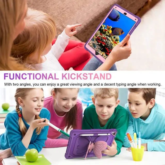 Alt view image 5 of 5 - VOFUOE for iPad 6th/5th Generation Case with Screen Protector for iPad 9.7 Case 2018 2017 Butterfly Stand Strap Dolls Pencil Holder Kids Girls Hard Cover for iPad Pro for iPad Air 2th 9.7''-Purple